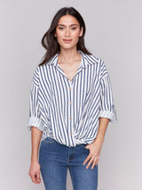 Charlie B Striped Roll-Up Long Sleeve with Front Tie-Stripes| Stripes