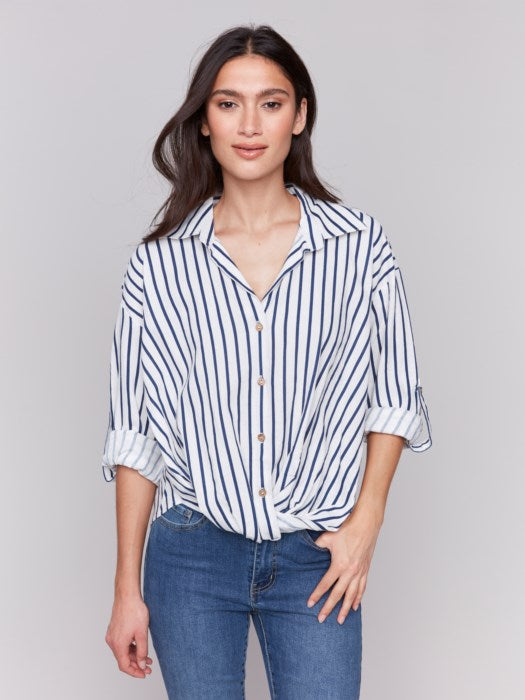 Charlie B Striped Roll-Up Long Sleeve with Front Tie-Stripes| Stripes