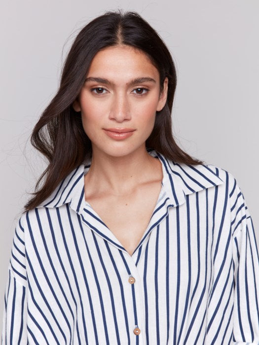 Charlie B Striped Roll-Up Long Sleeve with Front Tie-Stripes| Stripes