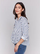 Charlie B Striped Roll-Up Long Sleeve with Front Tie-Stripes| Stripes