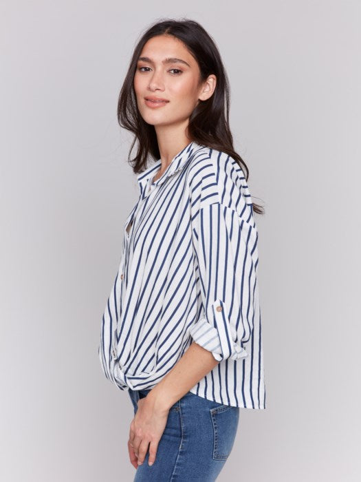 Charlie B Striped Roll-Up Long Sleeve with Front Tie-Stripes| Stripes