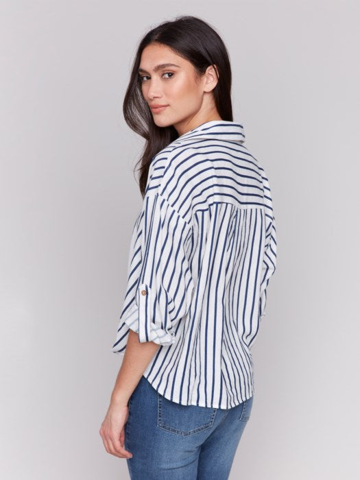 Charlie B Striped Roll-Up Long Sleeve with Front Tie-Stripes| Stripes