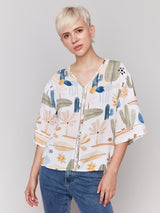 Charlie B Printed 3/4 Sleeve Blouse with Ladder Stitch Detail | Cactus