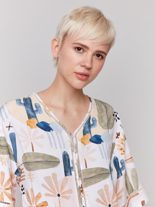 Charlie B Printed 3/4 Sleeve Blouse with Ladder Stitch Detail | Cactus