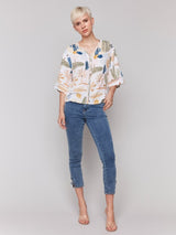 Charlie B Printed 3/4 Sleeve Blouse with Ladder Stitch Detail | Cactus