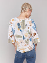 Charlie B Printed 3/4 Sleeve Blouse with Ladder Stitch Detail | Cactus