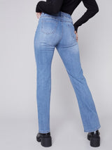 Charlie B Straight Leg Jeans with Trompe L’Oeil Patch Detail Medium Blue