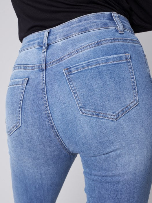 Charlie B Straight Leg Jeans with Trompe L’Oeil Patch Detail Medium Blue