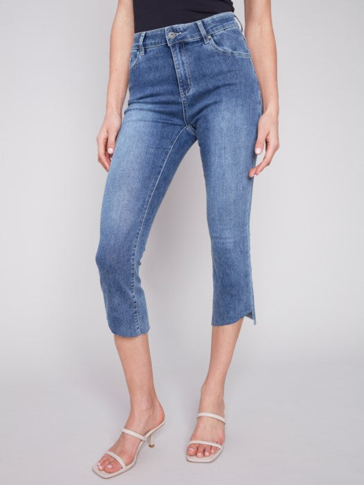 Charlie B Cropped Bootcut Jeans with Asymmetrical Hem-Medium Blue