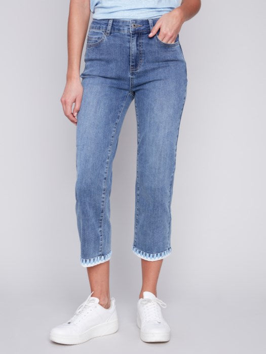 Charlie B Straight Leg Jeans with Embroidered Stitch Hem-Medium Blue