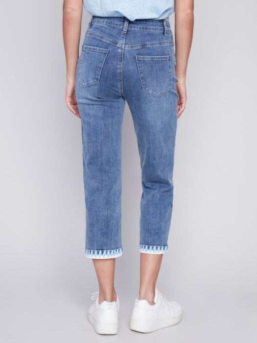 Charlie B Straight Leg Jeans with Embroidered Stitch Hem-Medium Blue