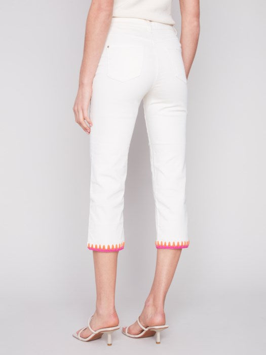 Charlie B Straight Leg Jeans with Embroidered Stitch Hem-Natural