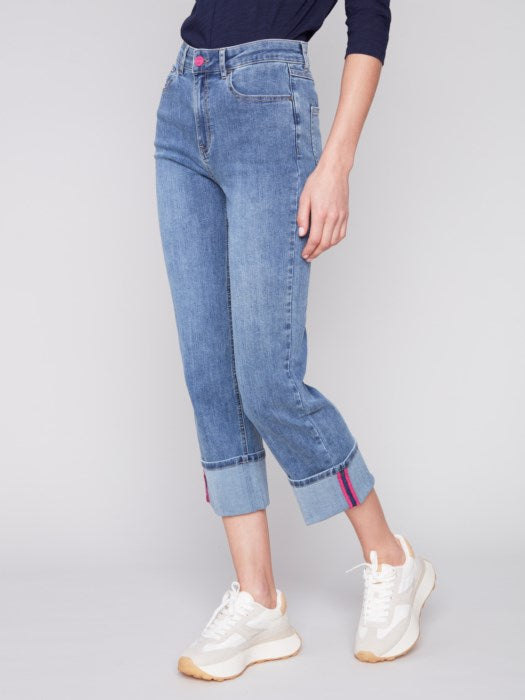 Charlie B Straight Leg Jeans with Folded Cuff-Medium Blue
