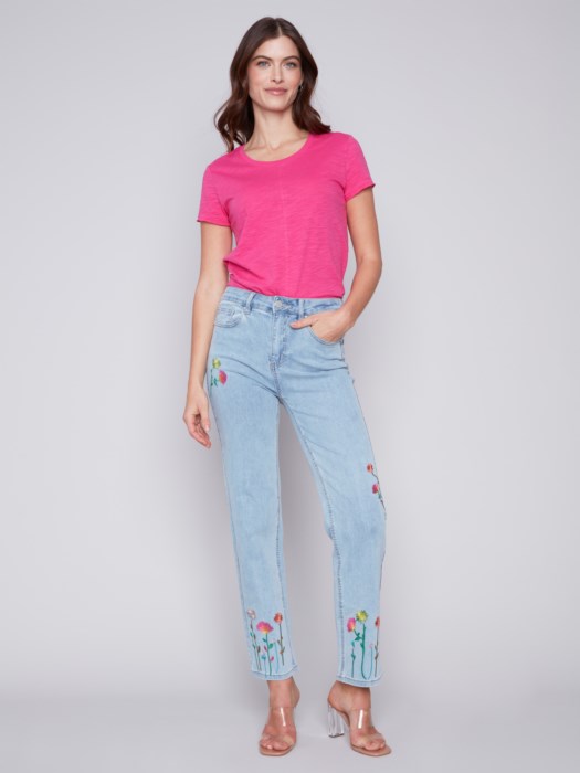 Charlie B Floral Embroidered Jeans-Bleach Blue
