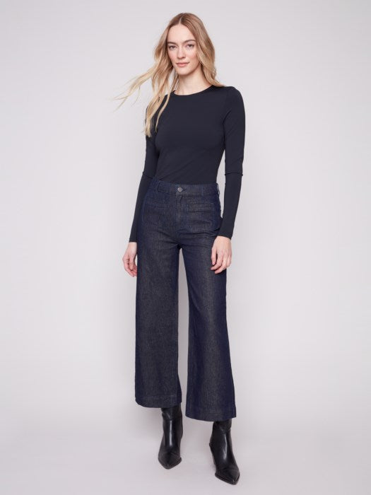 Charlie B Cropped Patch Pocket Flare Lurex Denim Pant | Blue Black
