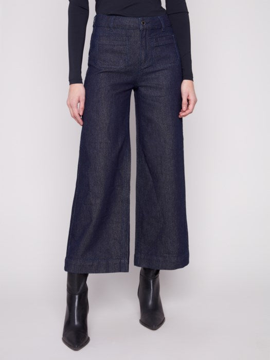 Charlie B Cropped Patch Pocket Flare Lurex Denim Pant | Blue Black