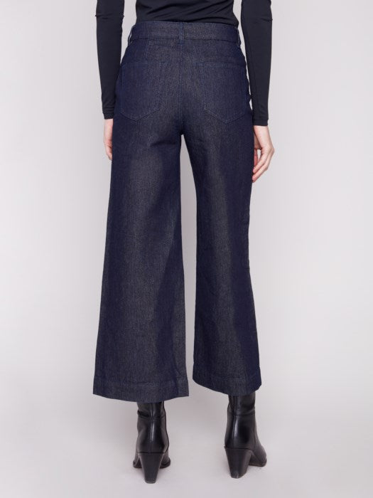 Charlie B Cropped Patch Pocket Flare Lurex Denim Pant | Blue Black