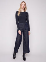 Charlie B Cropped Patch Pocket Flare Lurex Denim Pant | Blue Black