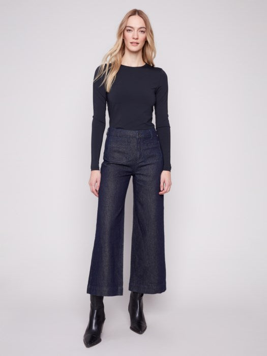 Charlie B Cropped Patch Pocket Flare Lurex Denim Pant | Blue Black