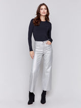 Charlie B Shimmery Twill Flare Leg Pant-Silver