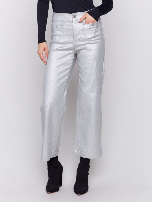 Charlie B Shimmery Twill Flare Leg Pant-Silver