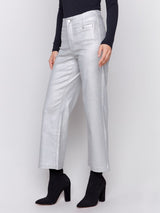 Charlie B Shimmery Twill Flare Leg Pant-Silver