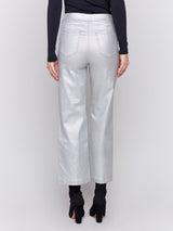 Charlie B Shimmery Twill Flare Leg Pant-Silver