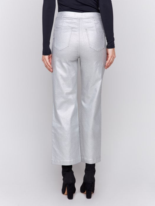 Charlie B Shimmery Twill Flare Leg Pant-Silver