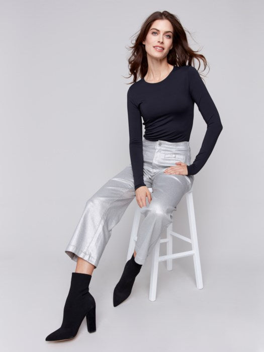 Charlie B Shimmery Twill Flare Leg Pant-Silver