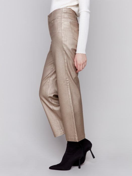 Charlie B Shimmery Twill Flare Leg Pant-Bronze