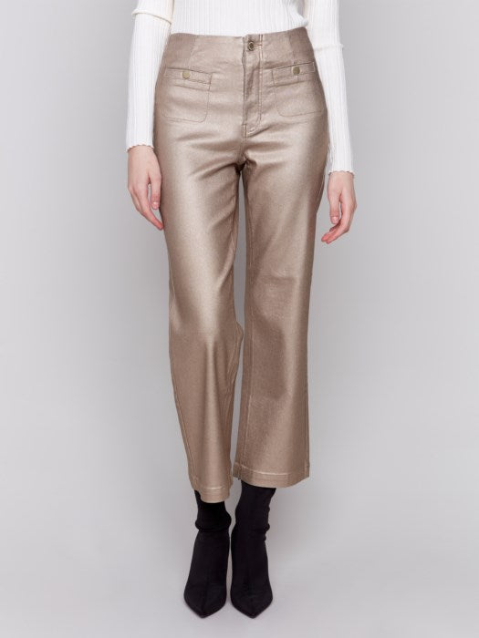 Charlie B Shimmery Twill Flare Leg Pant-Bronze