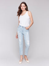 Charlie B Pearl Appliqué Slim Leg Jeans with Distressed Detail | Blue