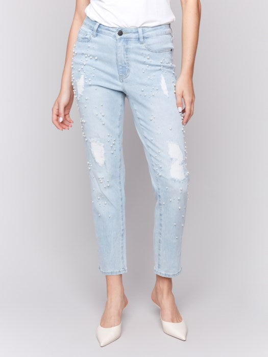 Charlie B Pearl Appliqué Slim Leg Jeans with Distressed Detail | Blue