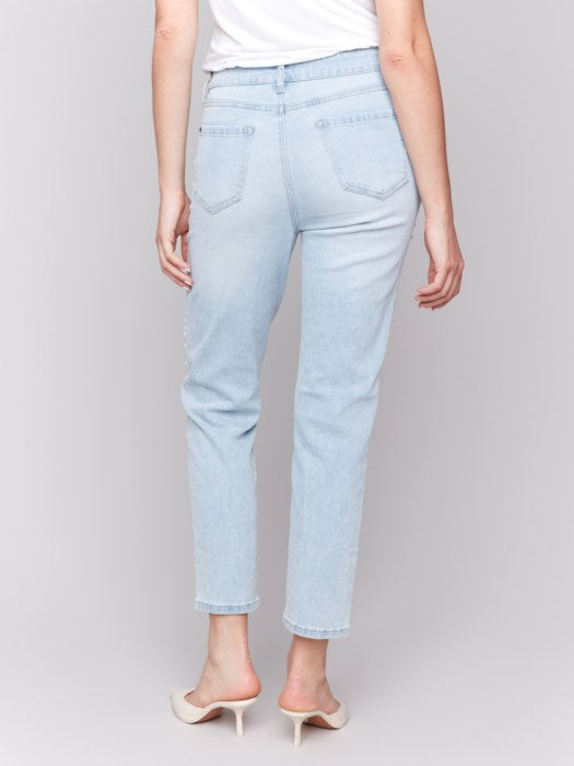 Charlie B Pearl Appliqué Slim Leg Jeans with Distressed Detail | Blue