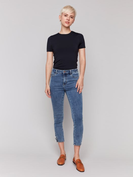 Charlie B Slim Crop Jeans with Side Mini Tabs | Medium Blue