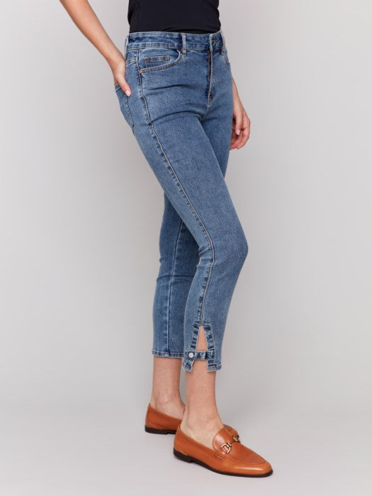 Charlie B Slim Crop Jeans with Side Mini Tabs | Medium Blue