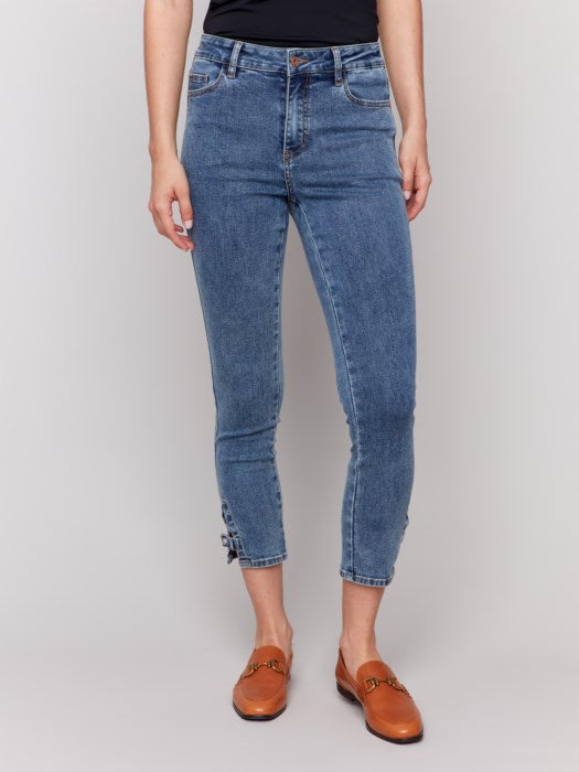 Charlie B Slim Crop Jeans with Side Mini Tabs | Medium Blue