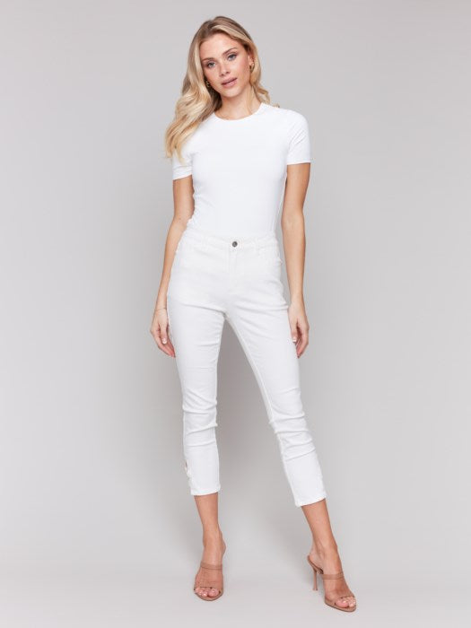 Charlie B Slim Crop Twill Pants with Side Mini Tabs | White