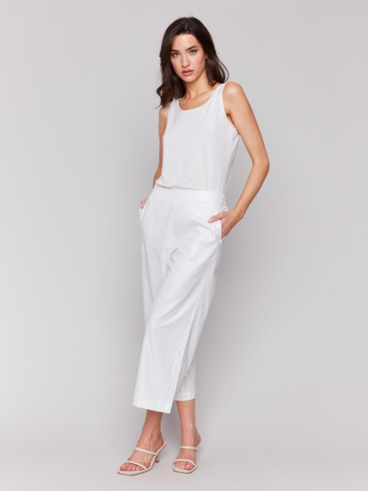 Charlie B Foil Linen Blend Cropped Pull-On Pants | Champagne