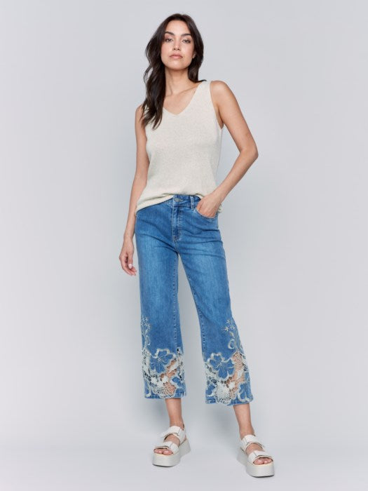 Charlie B Crop Flare Leg Jeans with Laser Cut Lace Hem | Medium Blue