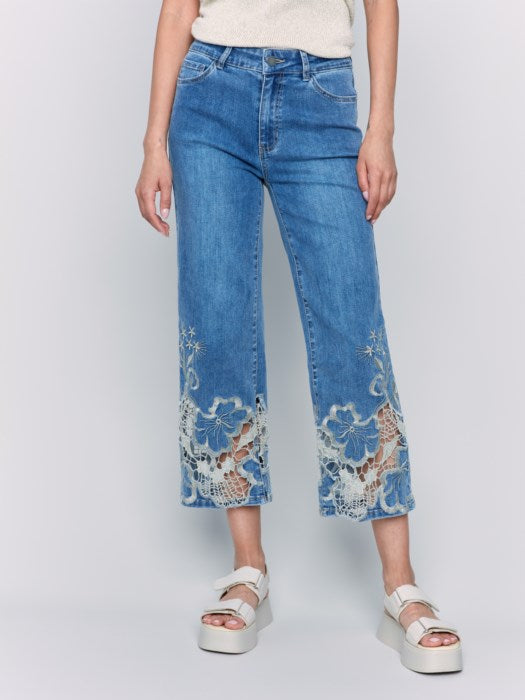 Charlie B Crop Flare Leg Jeans with Laser Cut Lace Hem | Medium Blue