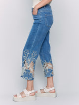 Charlie B Crop Flare Leg Jeans with Laser Cut Lace Hem | Medium Blue