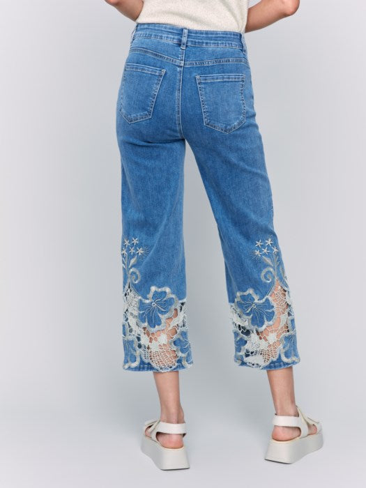 Charlie B Crop Flare Leg Jeans with Laser Cut Lace Hem | Medium Blue