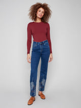 Charlie B Metallic Thread Embroidered Hem Denim Pant | Indigo
