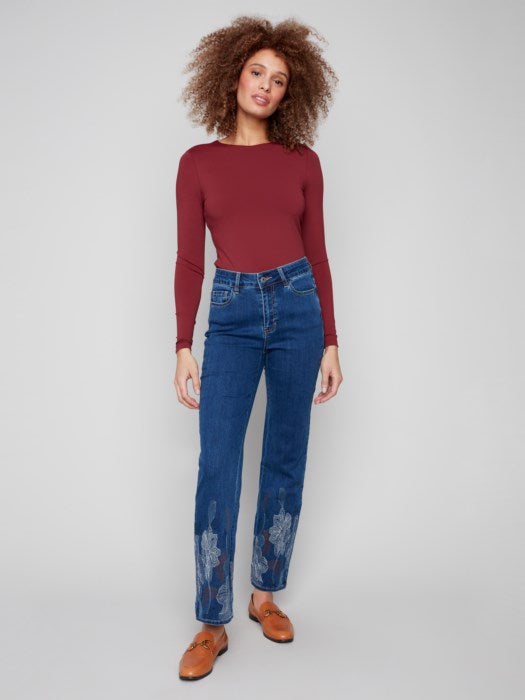 Charlie B Metallic Thread Embroidered Hem Denim Pant | Indigo