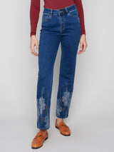 Charlie B Metallic Thread Embroidered Hem Denim Pant | Indigo