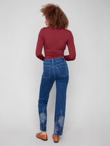 Charlie B Metallic Thread Embroidered Hem Denim Pant | Indigo