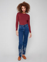 Charlie B Metallic Thread Embroidered Hem Denim Pant | Indigo