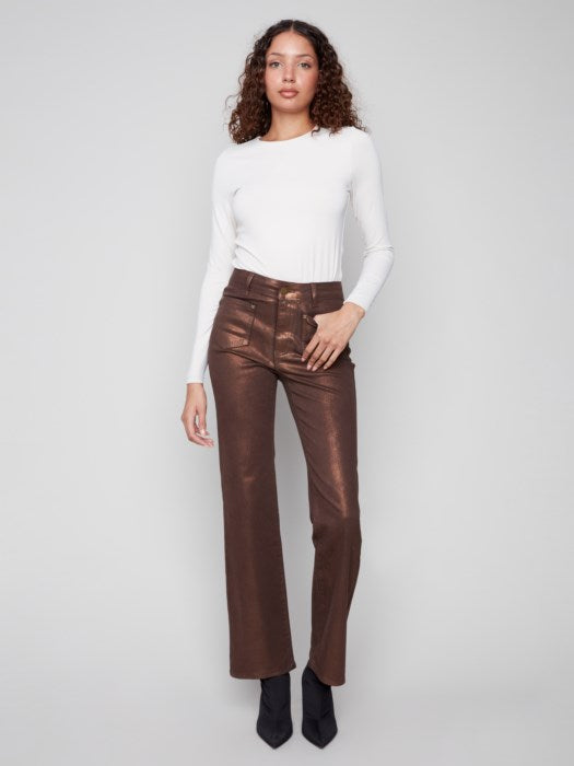 Charlie B Flare Leg Foil Twill Pant | Bronze