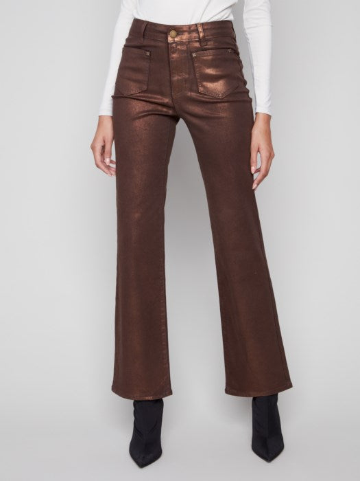 Charlie B Flare Leg Foil Twill Pant | Bronze